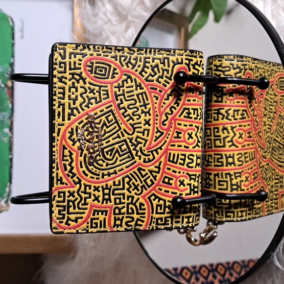 Coach NWTs Disney Mickey Maze Keith Haring Leather Snap Wallet Yellow Red - Picture 1 of 12